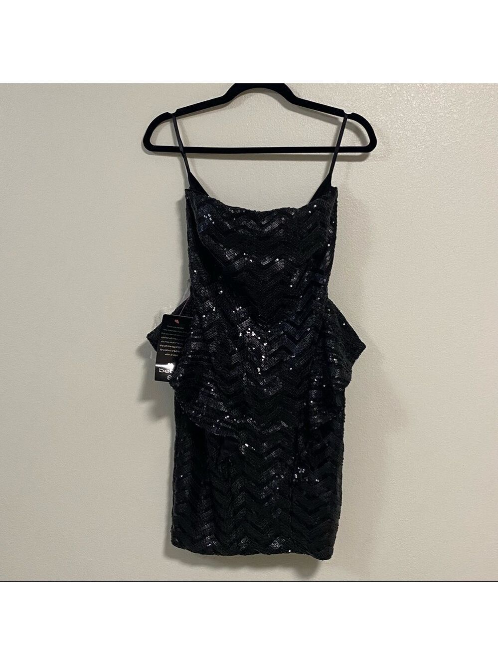 Bebe Dress Women’s Small Black Wonderland Strapless Peplum Sequin Cocktail Dress